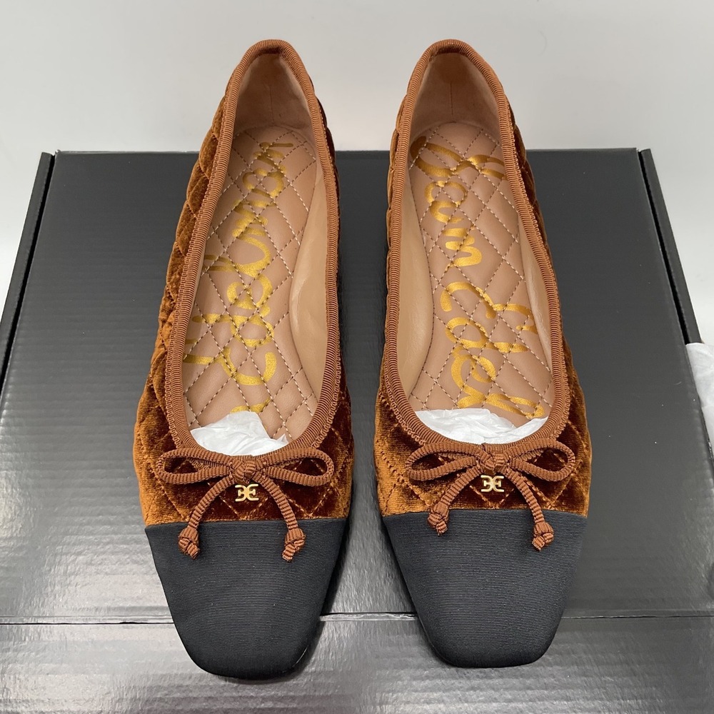 Sam Edelman Felicia Quilted Velvet Ballet Flats Amber Brown Black Cap Toe 6